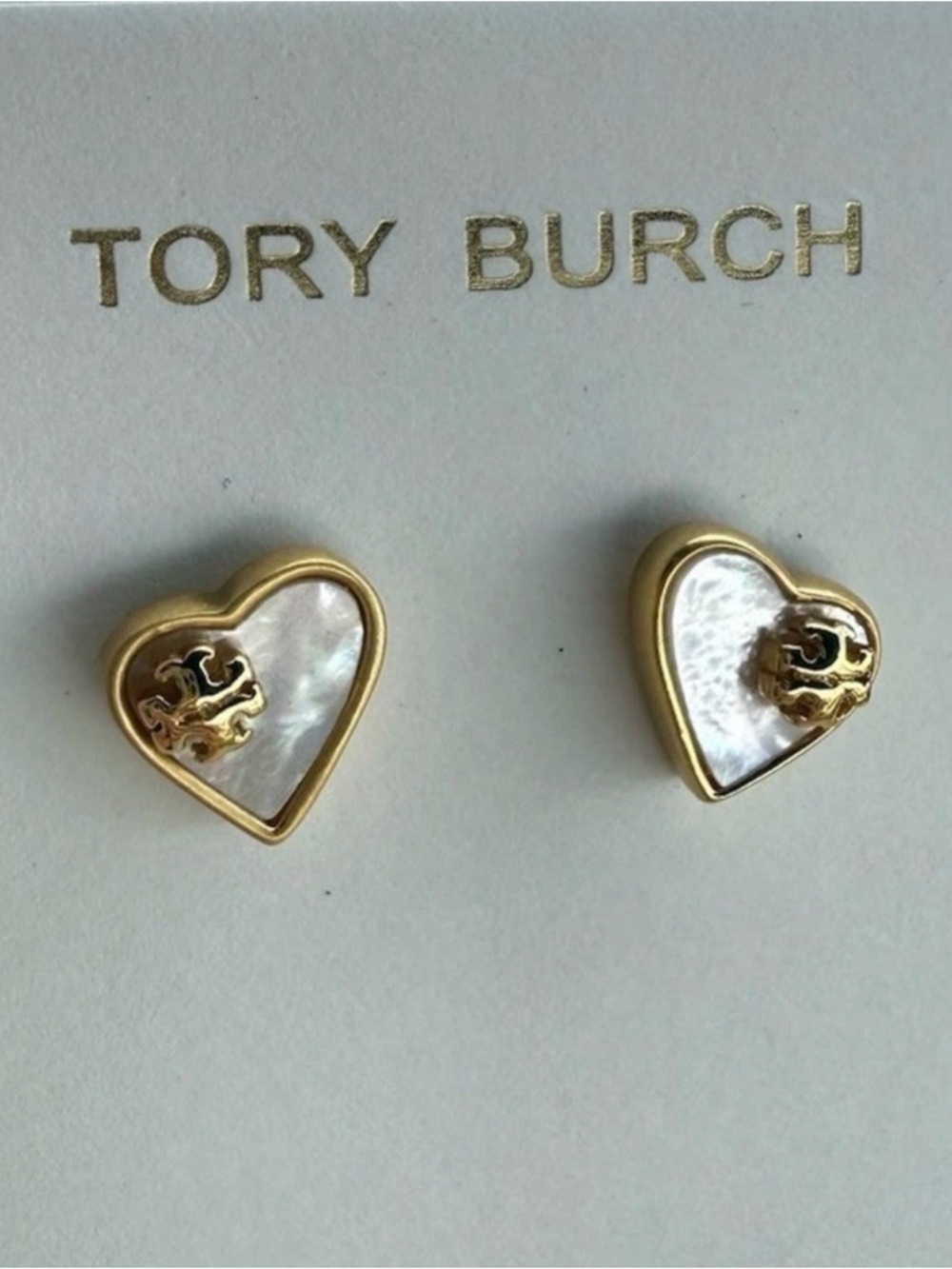 Authentic Tory Burch Gold and White MOP Heart Logo Stud Earrings New